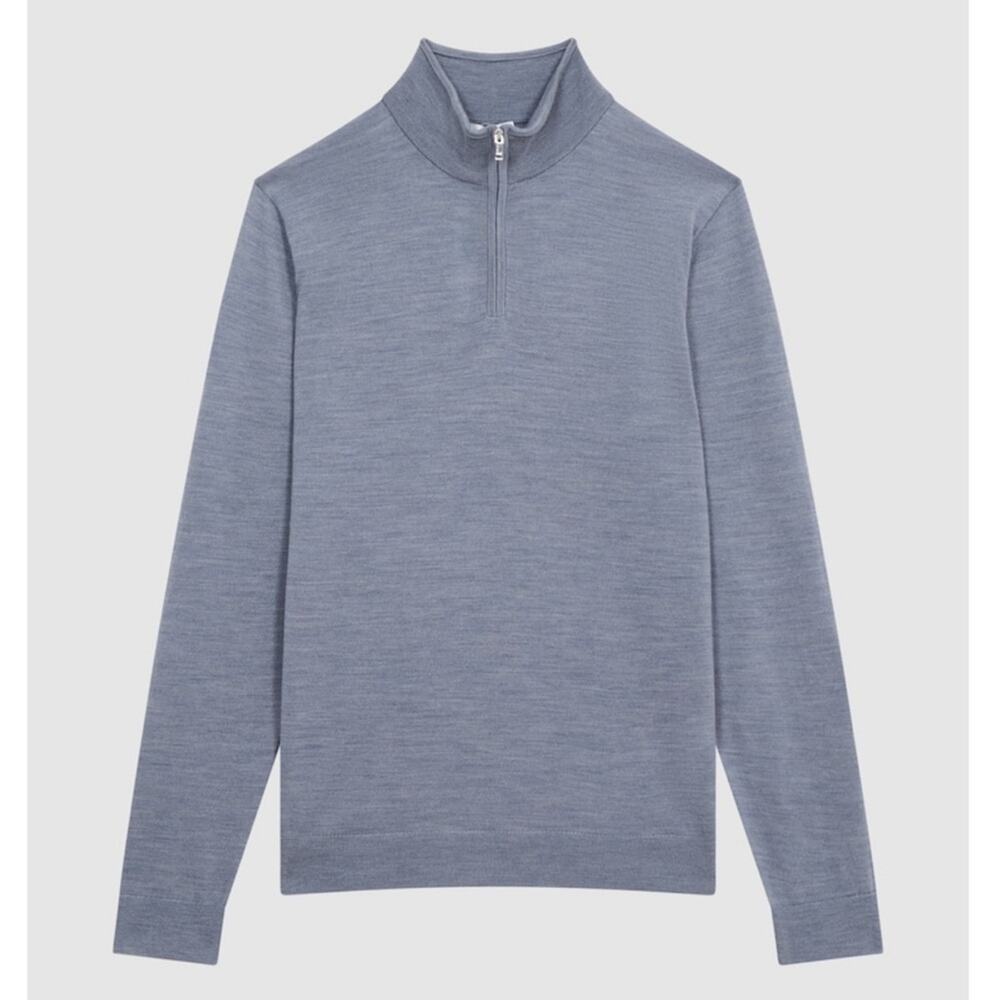 Reiss Blackhall Merino Wool Zip Neck Jumper Sweater in Denim Melange